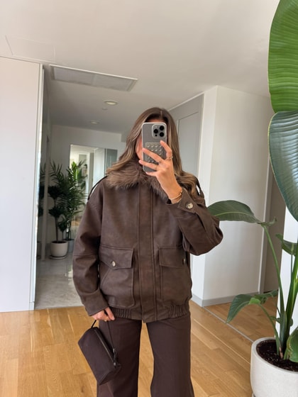 Kürk Yakalı Deri Ceket - Kahve