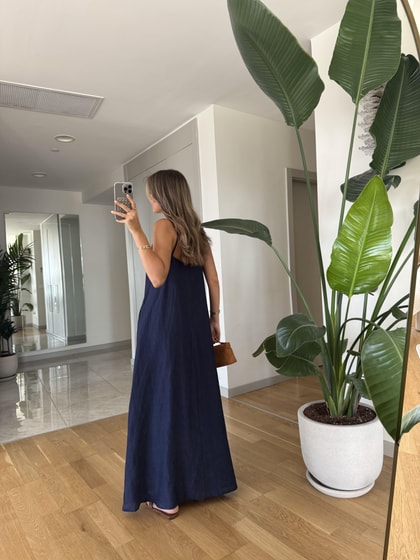 Ladon Askılı Keten Maxi Elbise - Lacivert