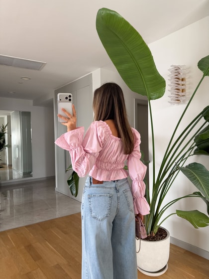 Lastikli Karpuz Kol Poplin Bluz - Pembe