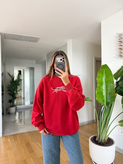 Leopar Baskılı Sweatshirt - Kırmızı