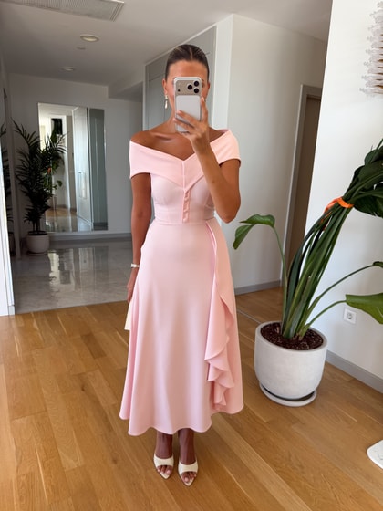 Madonna Yaka Midi Elbise - Pastel Pembe