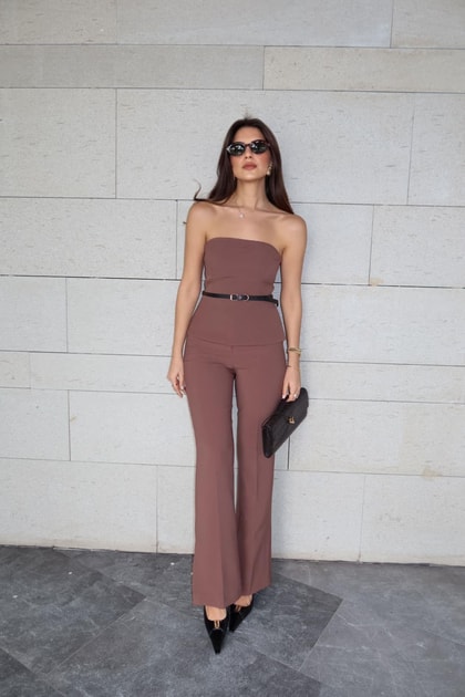 Merve Aksoy Paçası Yırtmaçlı Fit Pantolon-Kahve