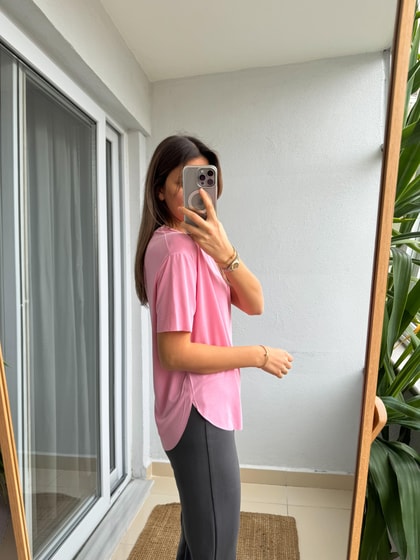 Modal Yırtmaçlı Basic Tişört- Pembe