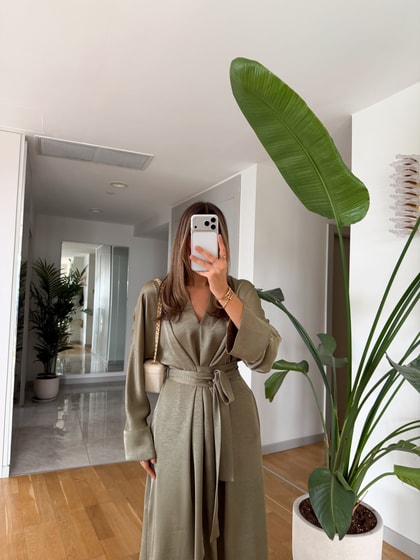 Monica Kuşaklı Saten Elbise - Çağla Yeşili
