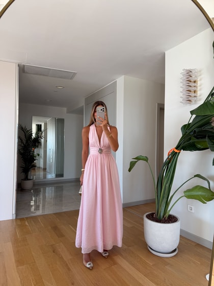 Norton Tokalı Midi Elbise - Pembe
