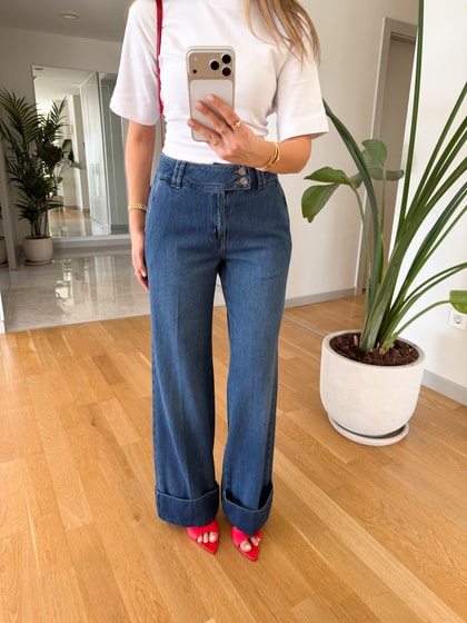 Paçası Katlı Tensel Denim Pantolon - Orta Mavi