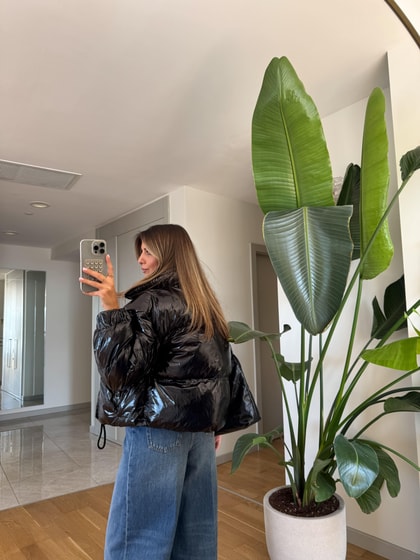 Parlak Şişme Mont - Siyah