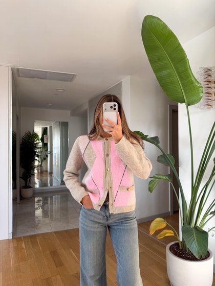 Pembe Bej Baklava Desenli Hırka