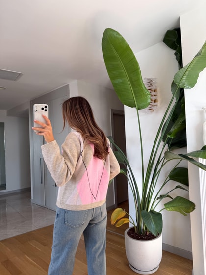 Pembe Bej Baklava Desenli Hırka