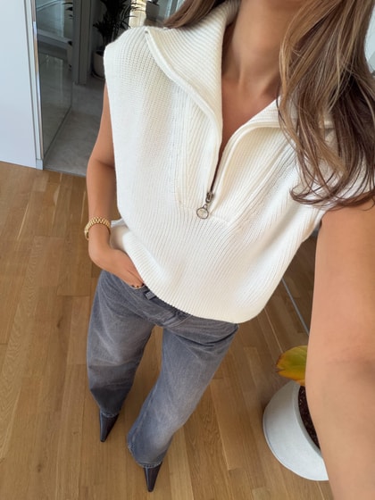 Polo Yaka Fermuarlı Süveter - Ekru