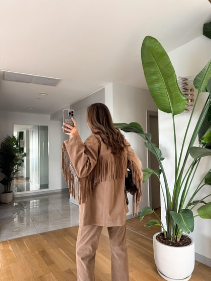  Püsküllü Süet Ceket  -Bej