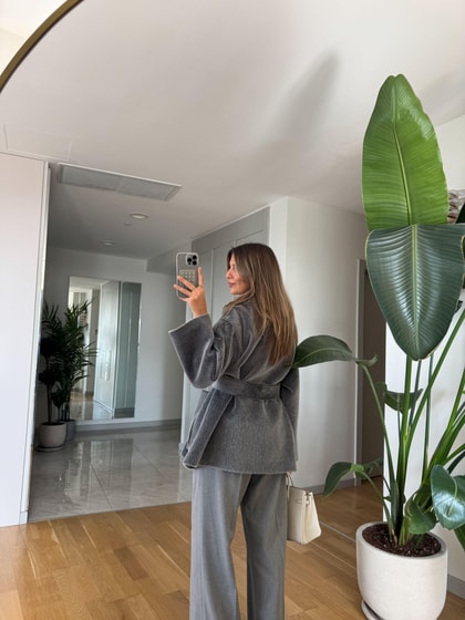 Premium Kuşaklı Cepli Kaban - Gri