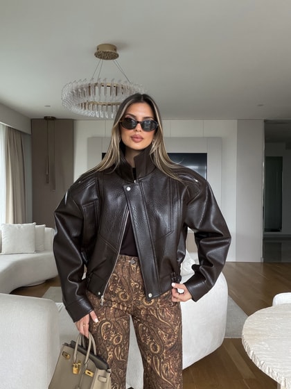 Premium Oversize Deri Ceket - Kahve