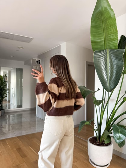 Şardonlu Gold Düğmeli Çizgili Hırka - Kahve