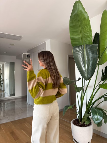 Şardonlu Gold Düğmeli Çizgili Hırka - Yeşil