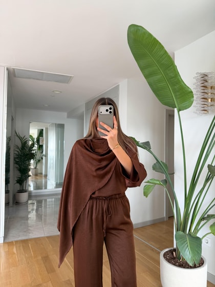 Saten Şallı Bluz Pantolon Takım - Kahve