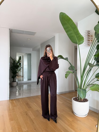 Saten Şallı Bluz Pantolon Takım - Mürdüm