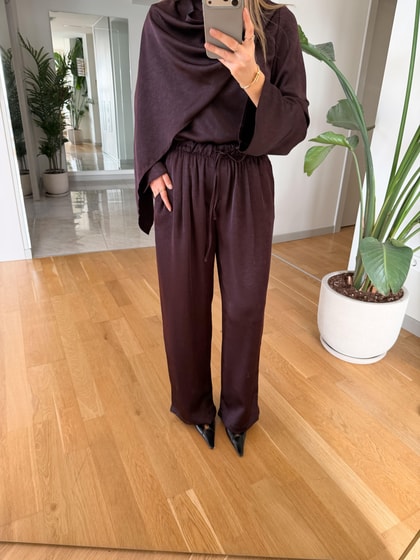 Saten Şallı Bluz Pantolon Takım - Mürdüm