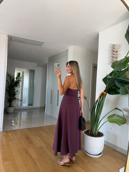 Sırt Dekolteli Bluz Etek Takım - Mürdüm