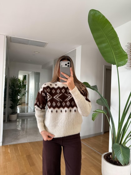 Swite Desenli Kazak - Krem Kahve