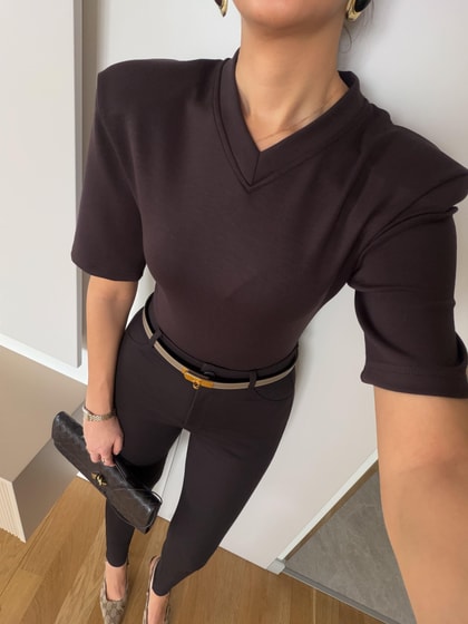 Tarte Vatkalı V Yaka Bodysuit - Kahve