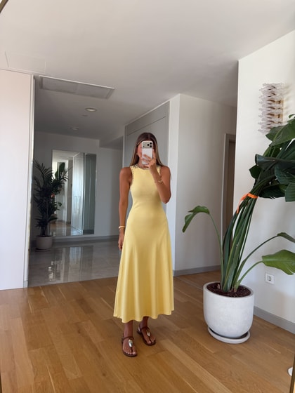 Taş Çakımlı Askılı Fitilli Elbise - Sarı