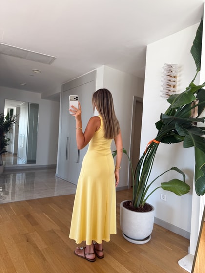 Taş Çakımlı Askılı Fitilli Elbise - Sarı