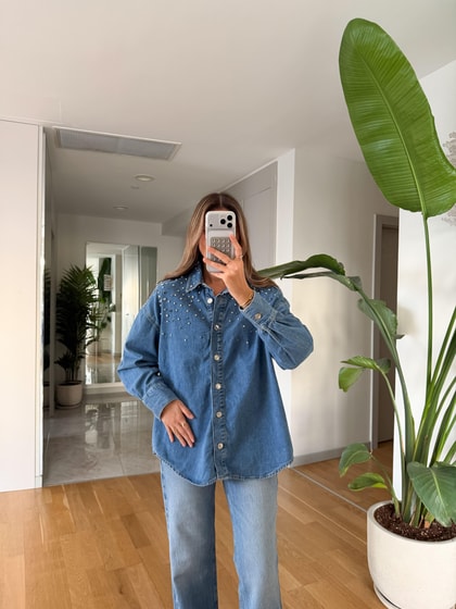 Taş Çakımlı Denim Gömlek - Mavi 