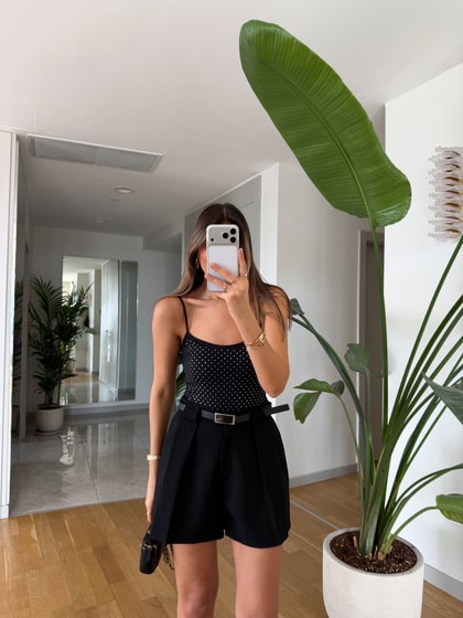 Taş Detaylı Askılı Bodysuit - Siyah