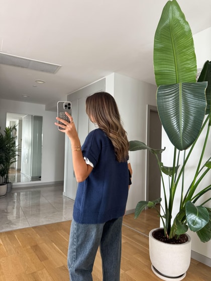 V yaka Triko Süveter - İndigo 