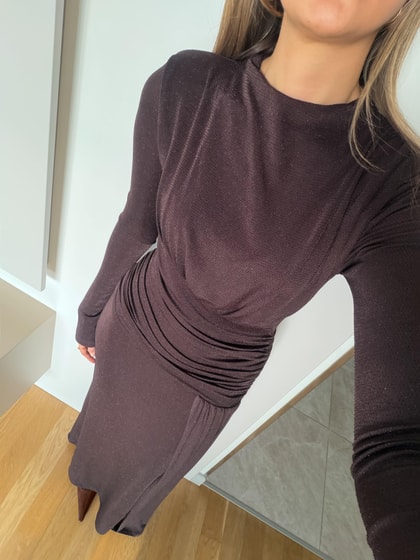 Vatkalı Beli Drape Detaylı Elbise - Kahve