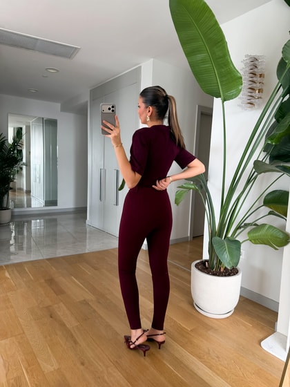 Yüksek Bel Tayt Pantolon - Bordo