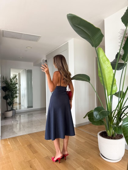 Zr Askılı Midi Denim Elbise 