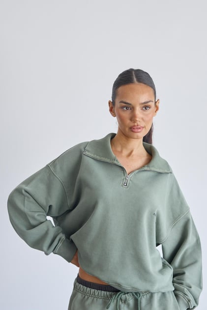 Haki Fermuarlı Sweatshirt