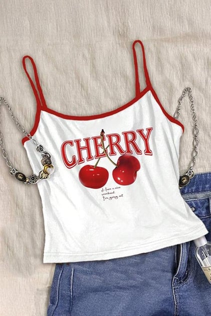 Beyaz Cherry Bomb Y2K Kırmızı Askılı Crop
