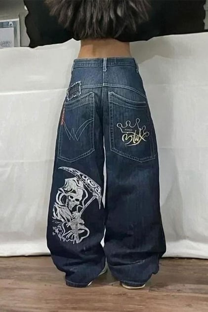 Mavi Skater Skull Arka Cep Yamalı Baggy Pantolon
