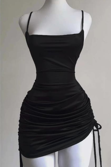 Siyah Büzgülü Sırt İpli & Dekolteli Askılı Gotik Y2K Elbise
