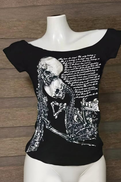 Siyah Skulls Letter Love Body Cyber Grunge Madonna Yaka Y2K Kısa Kollu Crop
