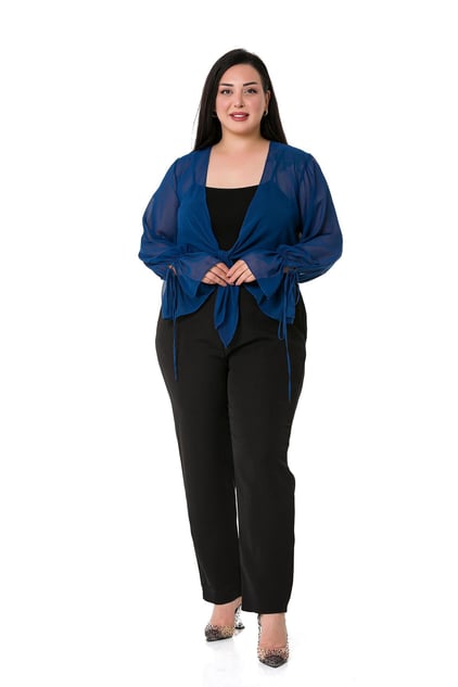 Plus Size Sleeve Detailed Chiffon Navy Blue Bolero