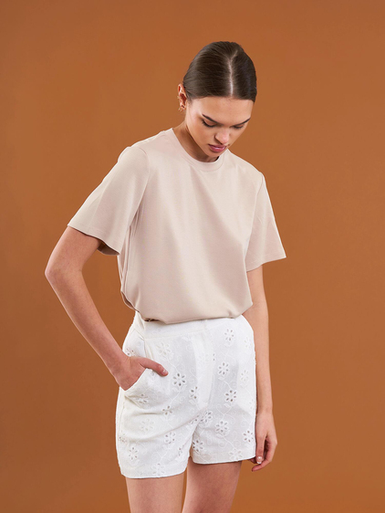 050733 Bisiklet Yaka Oversize Tişört Bej