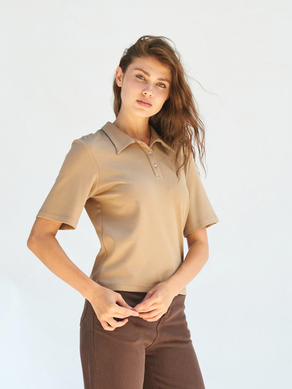 071824 Vatkalı Polo Yaka Bluz Bej