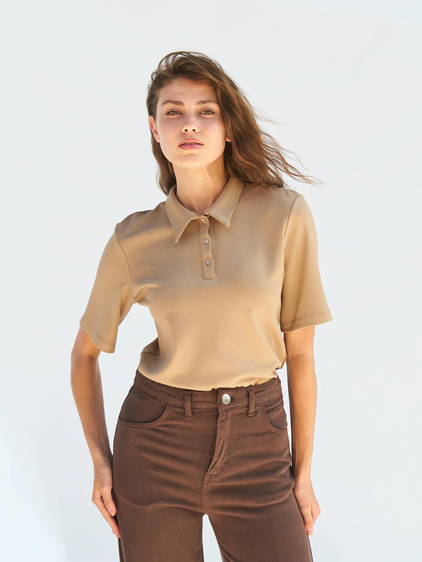 071824 Vatkalı Polo Yaka Bluz Bej