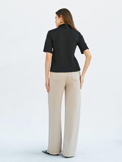 071824 Vatkalı Polo Yaka Bluz Siyah