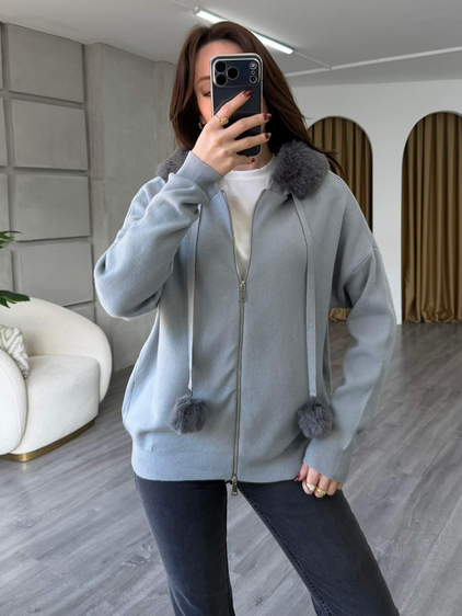 140215 Kürklü Ponponlu Fermuarlı Hırka Gri