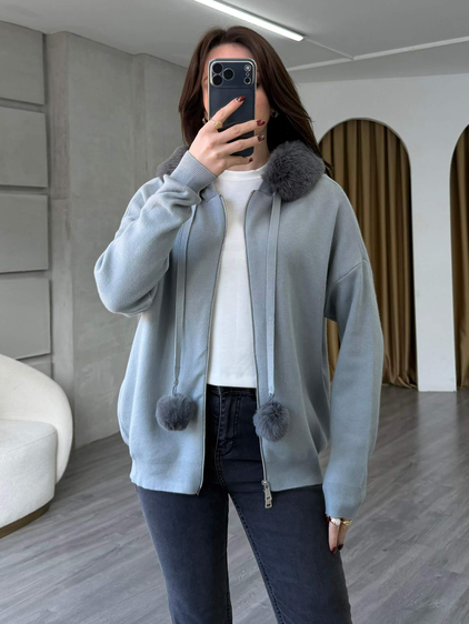 140215 Kürklü Ponponlu Fermuarlı Hırka Gri