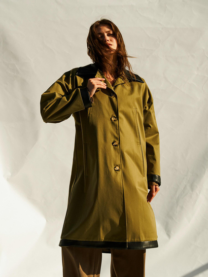 250462 Deri Yakalı Trençkot Açık Haki