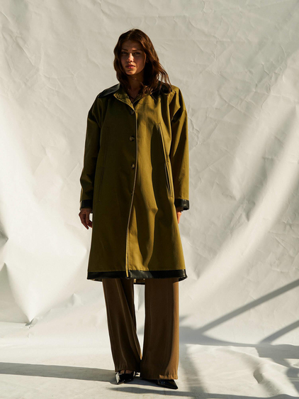 250462 Deri Yakalı Trençkot Açık Haki