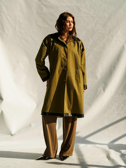 250462 Deri Yakalı Trençkot Açık Haki