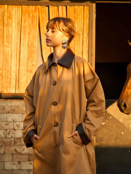 250462 Deri Yakalı Trençkot Bej