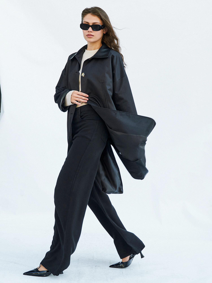 250462 Deri Yakalı Trençkot Siyah